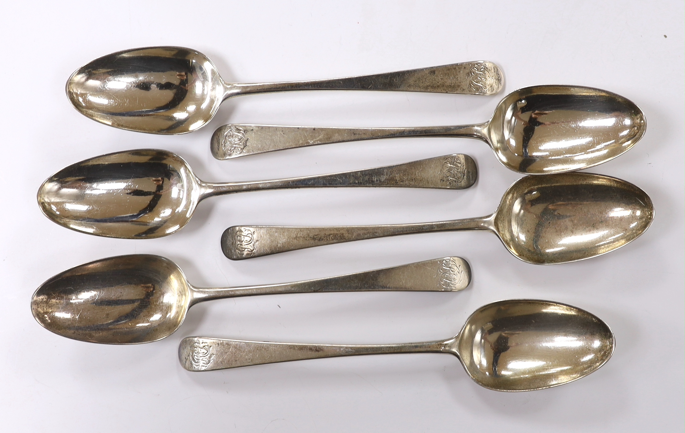 A set of six George III silver Old English pattern table spoons, by Elizabeth Tookey, London, 1772, 22cm